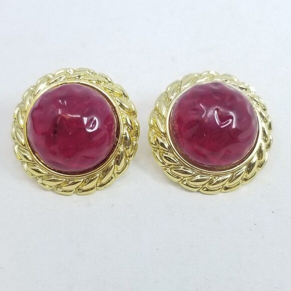 Vintage Red and Gold Tone Stud Earrings, Dome Cabochon Shape, 80s Style, Estate - Picture 1 of 5